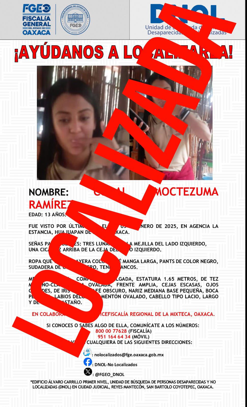Fiscalía de Oaxaca en colaboración con la Policía de Investigación de la ciudad de México, localizan y resguardan a adolescente reportada como No Localizada