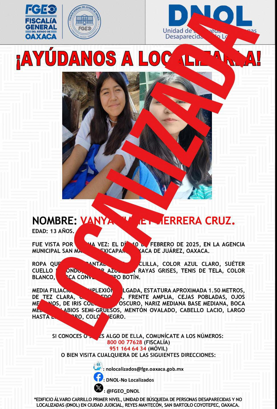 En menos de 24 horas, Fiscalía de Oaxaca localiza a adolescente reportada como No Localizada en la región de los Valles Centrales