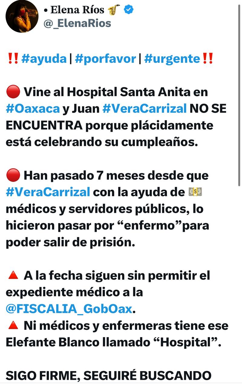 Denuncia Ma. Elena que su agresor celebró su cumpleaños fuera del hospital, donde supuestamente está internado