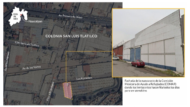Ubicación de la nueva sede de oficina para trámites de solicitud de refugio en el centro del país. La oficina fue reubicada desde el centro de la Ciudad de México a Naucalpan, Estado de México, tras quejas de vecinos por los campamentos de migrantes alrededor. La falta de supervisión oficial ha permitido que terceros controlen el acceso y vendan turnos para servicios que por ley son gratuitos. / Especial Jhasua Razo.