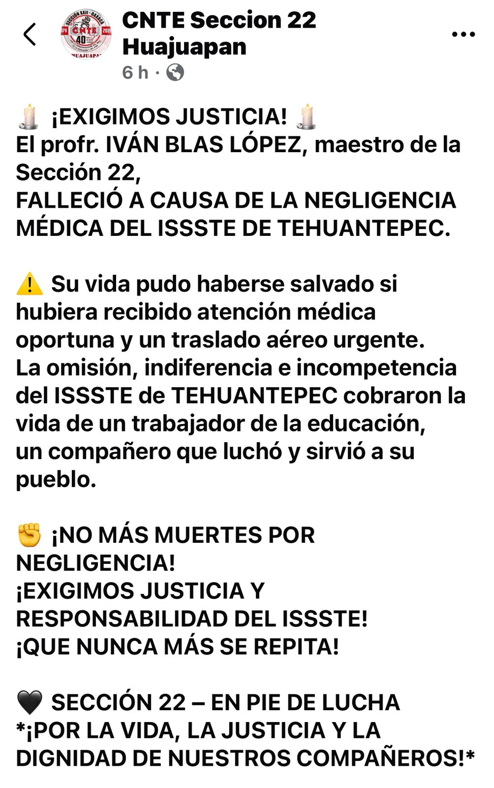 Condena S-22 muerte de profesor por presunta negligencia médica: “El ISSSTE se negó a trasladarlo vía aérea”