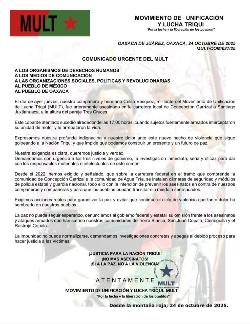 Movimiento Triqui exige justicia por el asesinato de Celso Vásquez