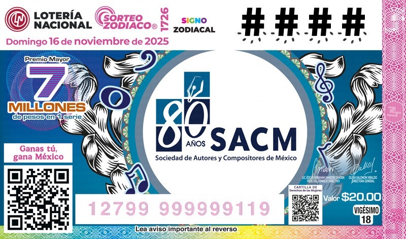 Con billete conmemorativo, Lotería Nacional distingue a la Sociedad de Autores y Compositores de México por sus 80 años