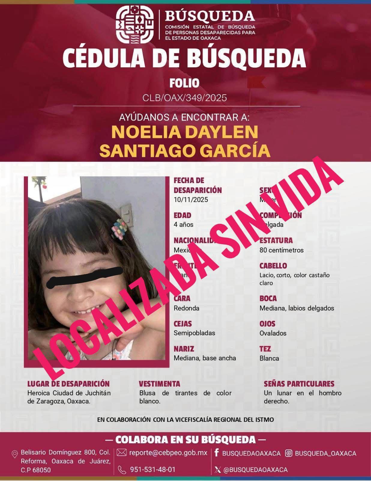 Tras búsqueda, localizan sin vida a Noelia Daylen de 4 años de edad en Juchitán, Oaxaca