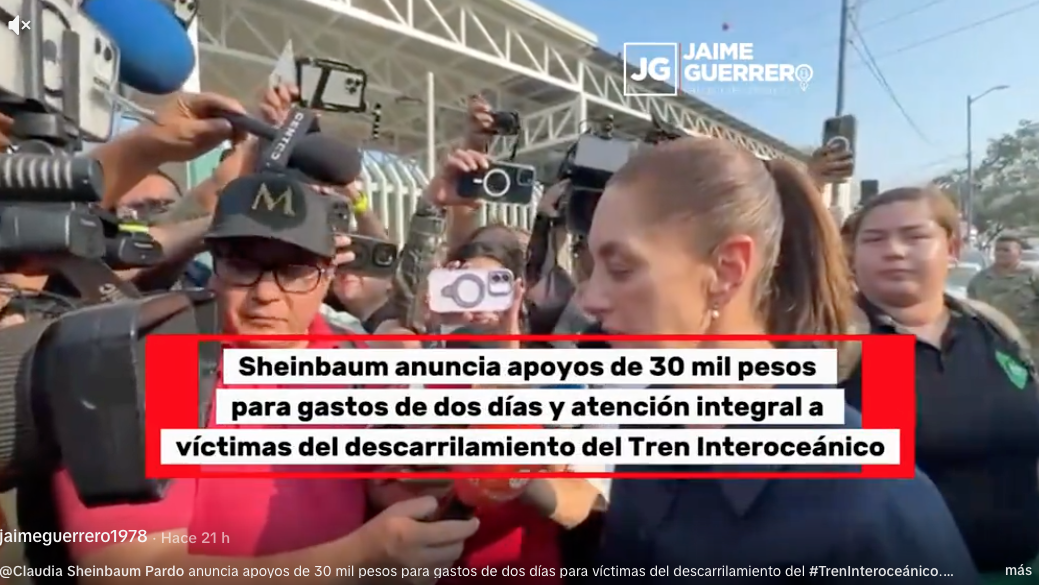 Sheinbaum anuncia apoyos de 30 mil pesos para gastos de dos días y atención integral a víctimas del descarrilamiento del Tren Interoceánico
