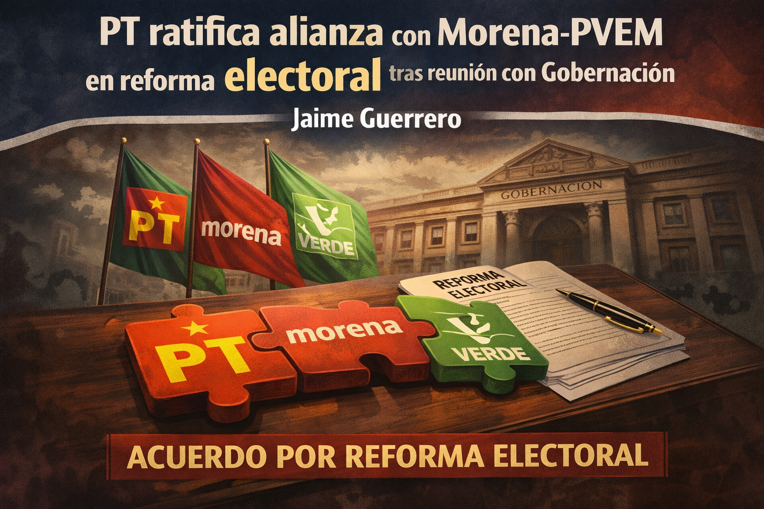 Ilustración de la alianza PT-Morena-PVEM: banderas de los tres partidos frente al edificio de Gobernación y un documento titulado “Reforma Electoral”, simbolizando el acuerdo político sin presencia de personas.