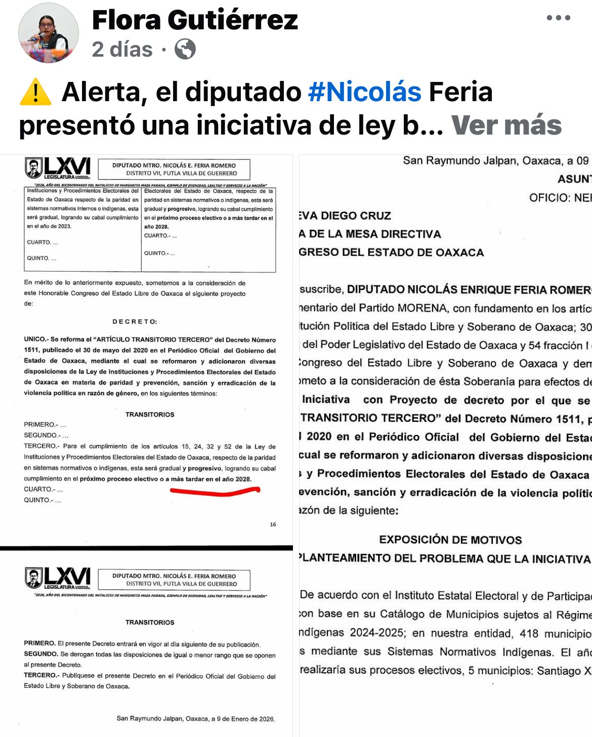Captura de una publicación en Facebook que muestra documentos oficiales del Congreso de Oaxaca, donde se observa una iniciativa de ley del diputado Nicolás Enrique Feria Romero y un fragmento subrayado que plantea que la paridad en sistemas normativos indígenas sea gradual hasta el año 2028.