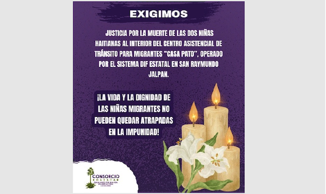 Activistas exigen justicia por niñas migrantes fallecidas en albergue de Oaxaca