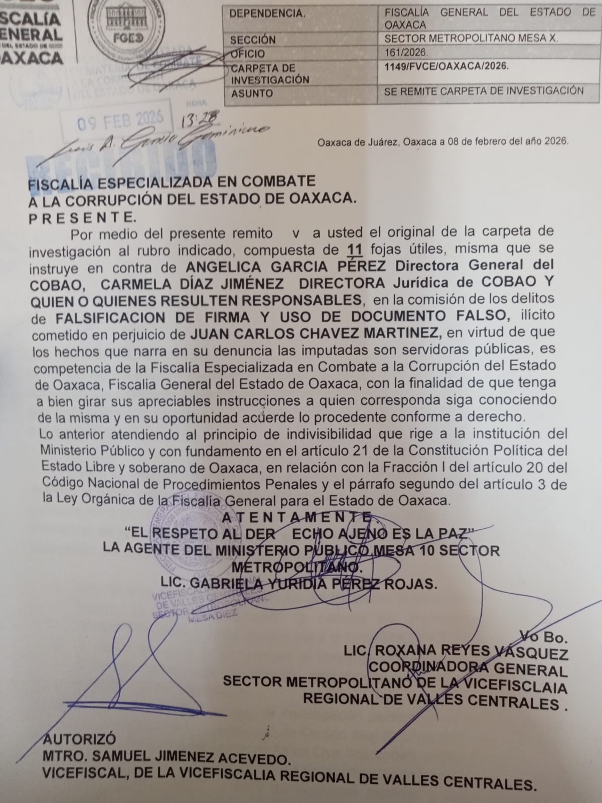 Denuncian ante la Fiscalía Anticorrupción de Oaxaca a directora de COBAO por falsificar firma y documentos