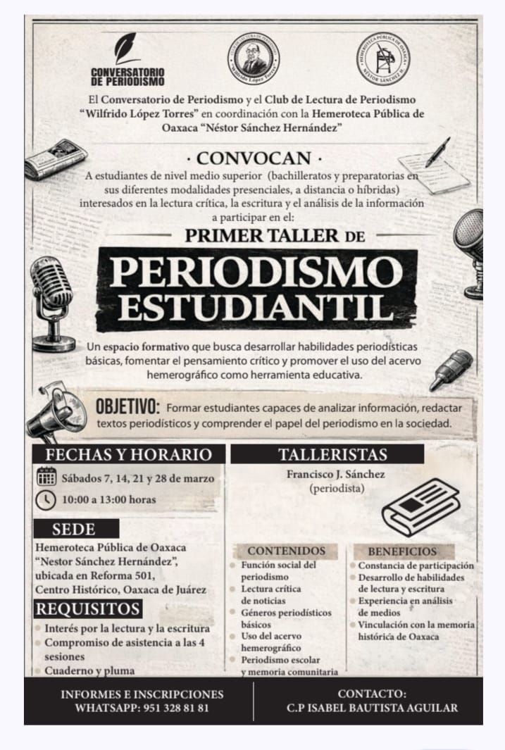 Anuncian Taller de Periodismo Estudiantil para fortalecer habilidades informativas en jóvenes