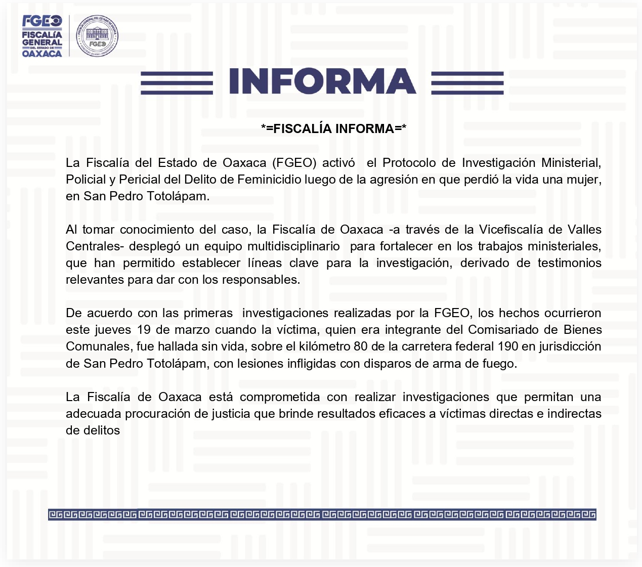 Fiscalía informa sobre asesinato de comisariada