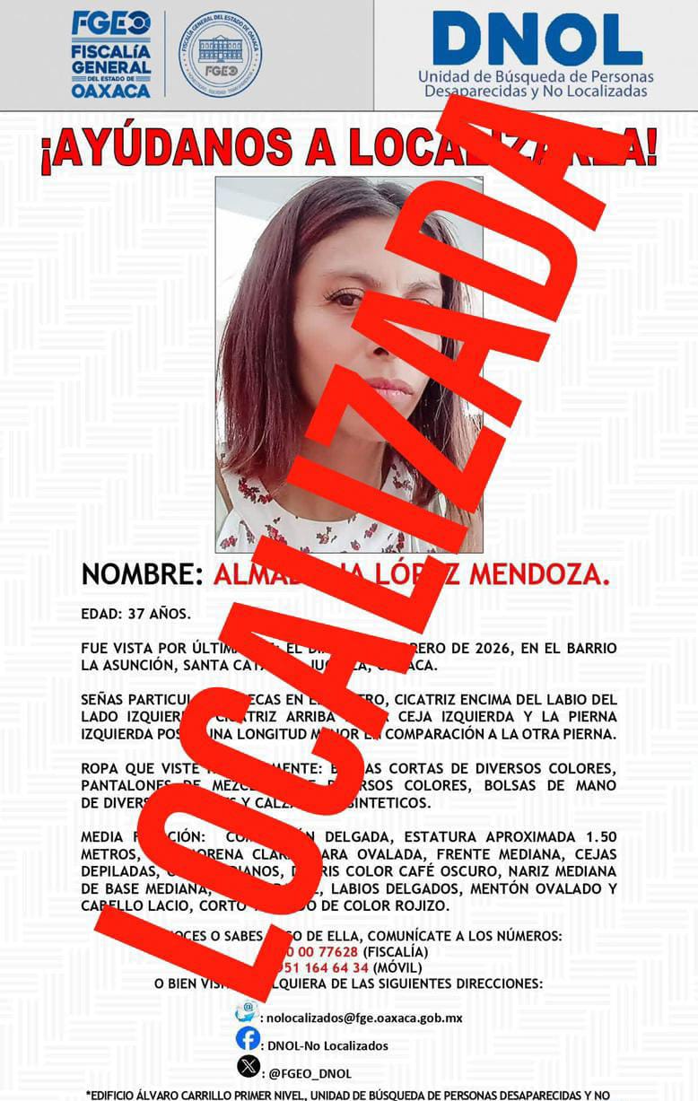 Coordinación interinstitucional con Fiscalías de CDMX y de Puebla permite localizar a dos mujeres reportadas como no localizadas en Oaxaca