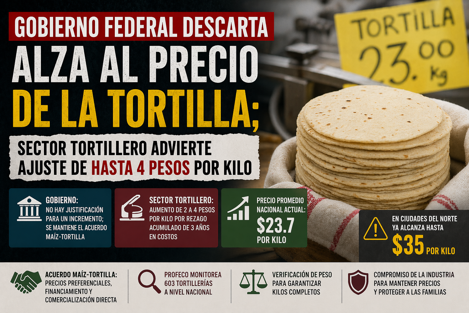 Gobierno federal descarta alza al precio de la tortilla; sector advierte ajuste de $4