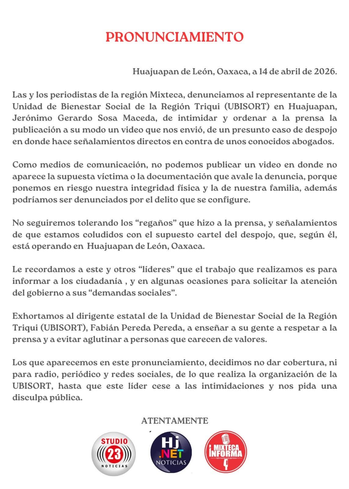 Intimidación en Huajuapan: UBISORT pretende dictar la agenda de los periodistas