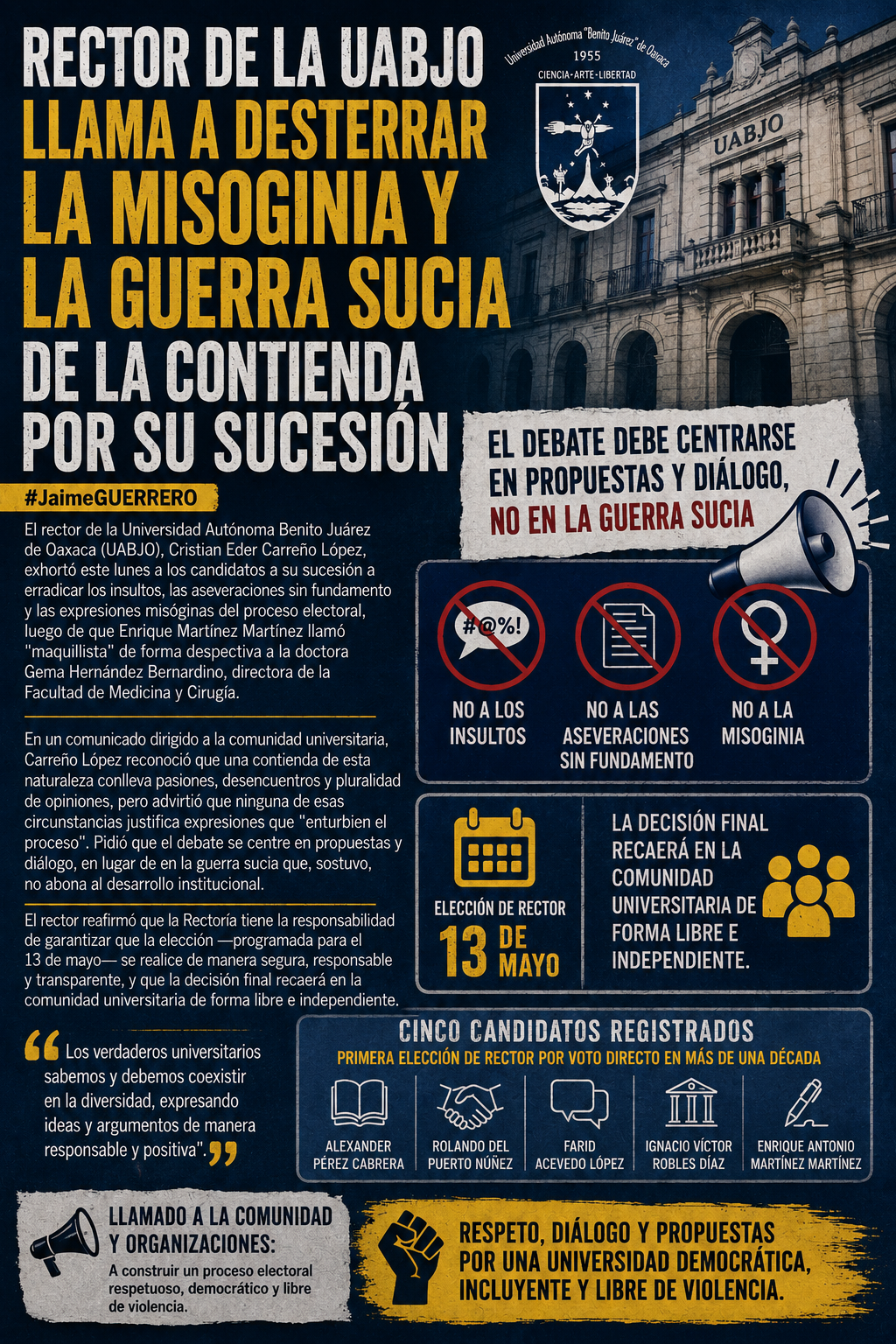 Rector de la UABJO llama a desterrar la misoginia y la guerra sucia de la contienda por su sucesión