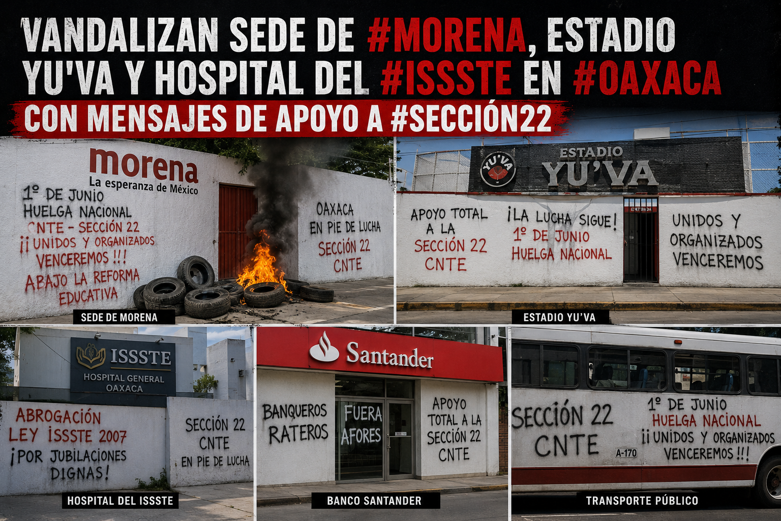 Vandalizan sede de Morena, estadio Yu’va y hospital del ISSSTE en Oaxaca con mensajes de apoyo a Sección 22