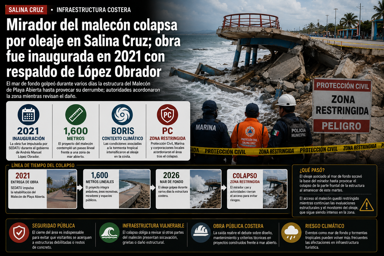 Mirador del malecón colapsa por oleaje en Salina Cruz; obra fue inaugurada en 2021 con respaldo de López Obrador