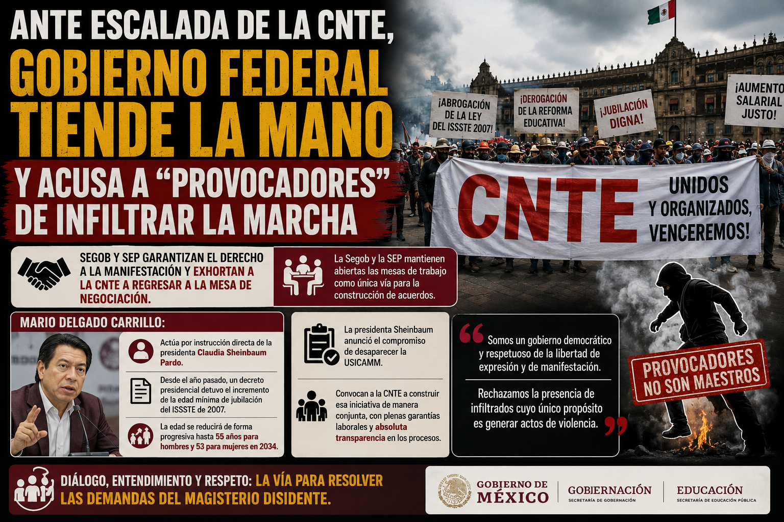 Ante escalada de la CNTE, gobierno federal tiende la mano y acusa a “provocadores” de infiltrar la marcha