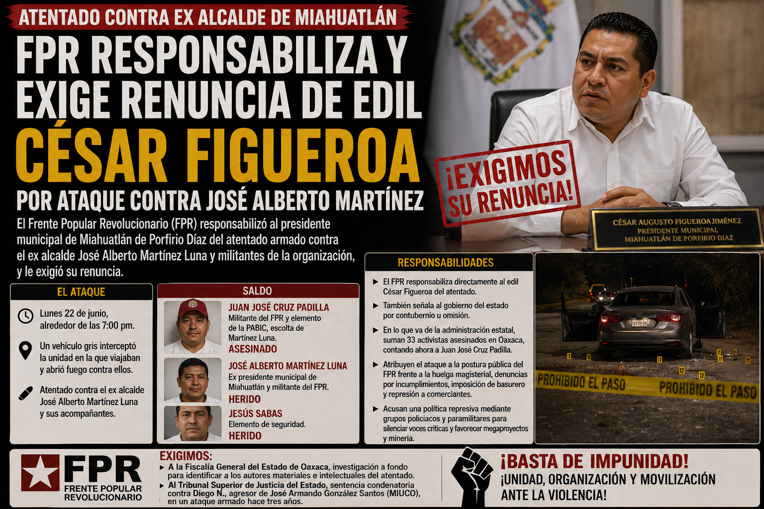 FPR imputa a edil de Miahuatlán en atentado contra exalcalde y eleva a 33 la cifra de activistas asesinados en Oaxaca