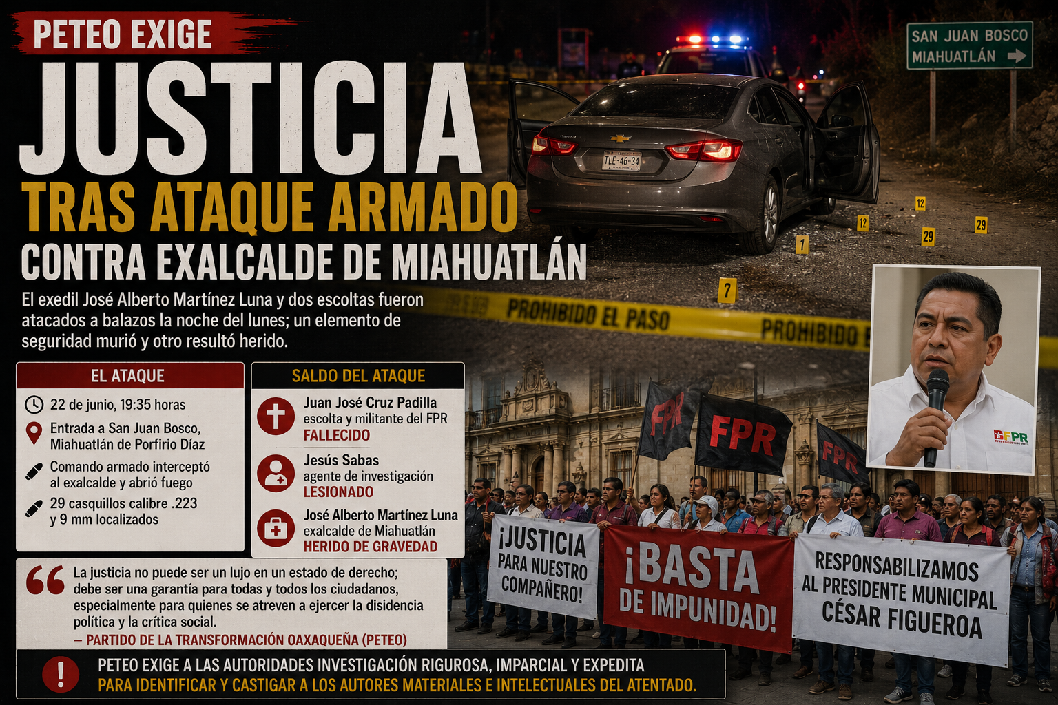 Ataque armado contra exalcalde de Miahuatlán deja un policía muerto y un agente de la AEI herido; FPR acusa a actual edil