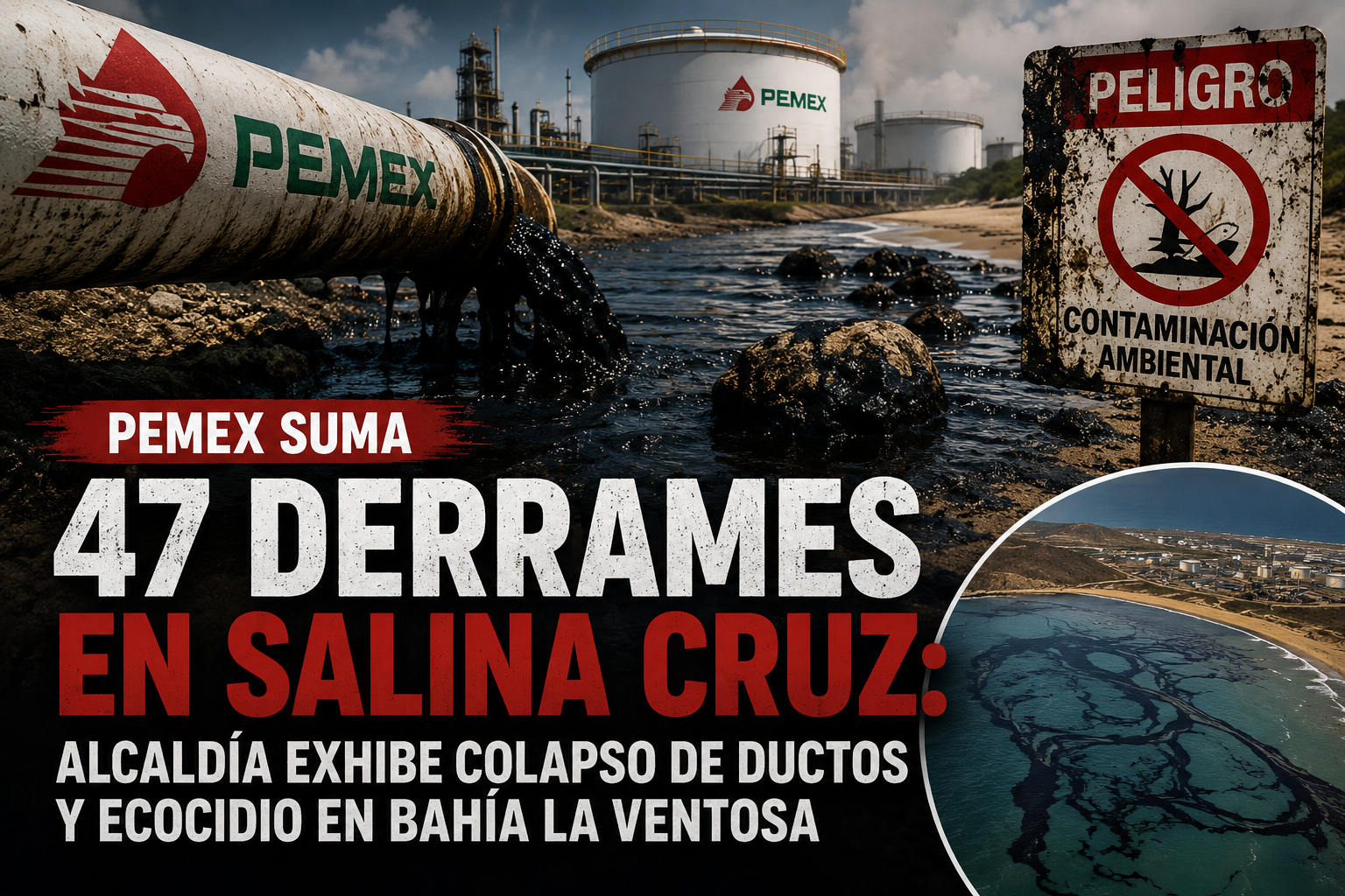 Pemex suma 47 derrames en Salina Cruz: alcaldía exhibe colapso de ductos y ecocidio en Bahía La Ventosa