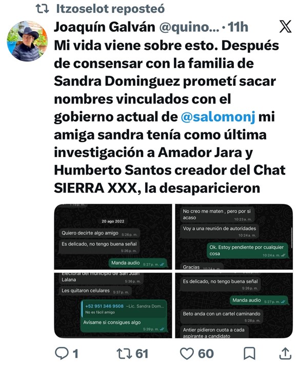 Exigen a la Fiscalía investigar a Amador Jara y funcionarios estatales por el feminicidio de la defensora Sandra Domínguez