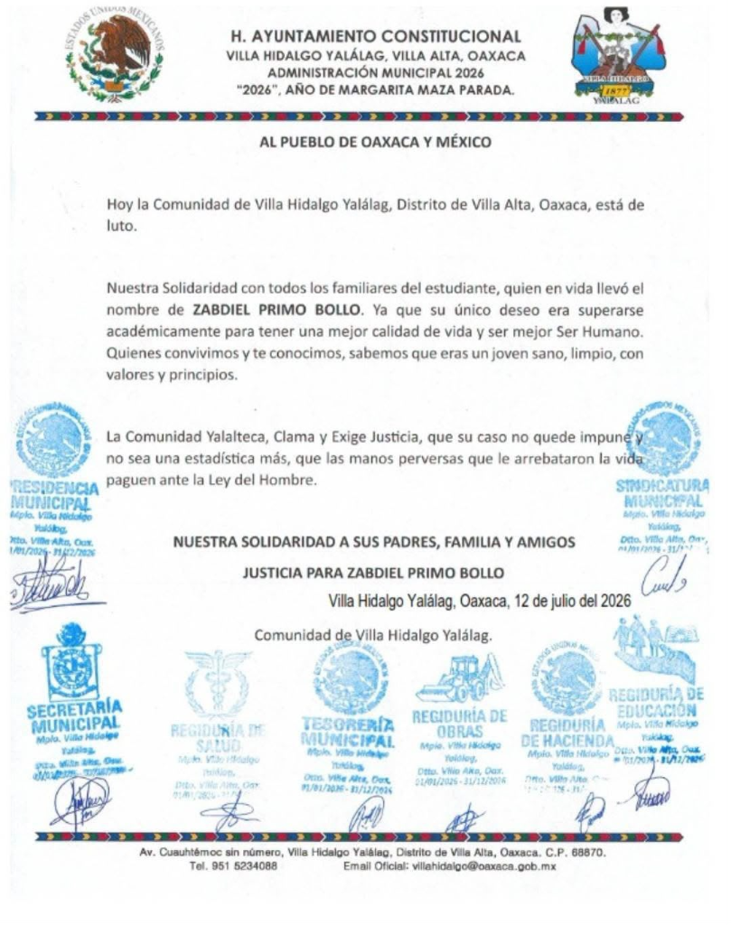 Comunicado oficial del H. Ayuntamiento de Villa Hidalgo Yalálag