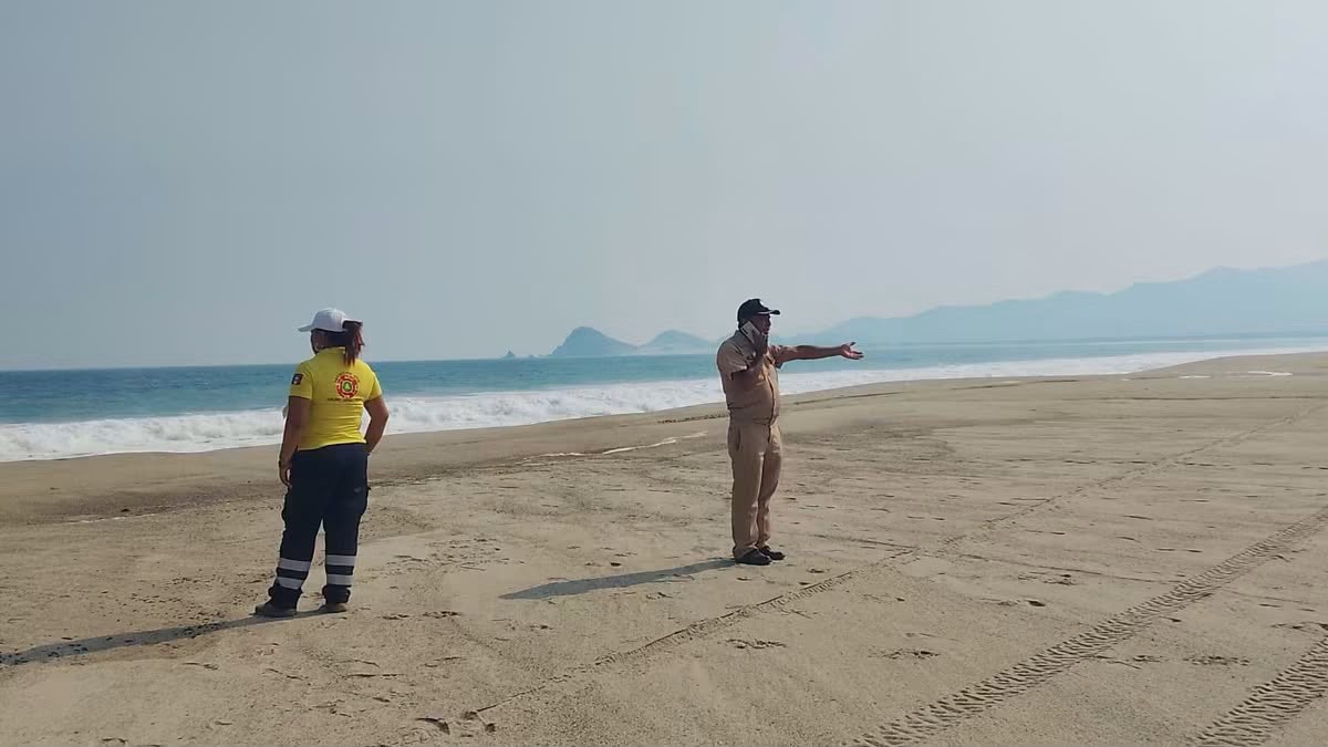 Autoridades y Protección Civil observando la playa afectada por el derrame en Salina Cruz