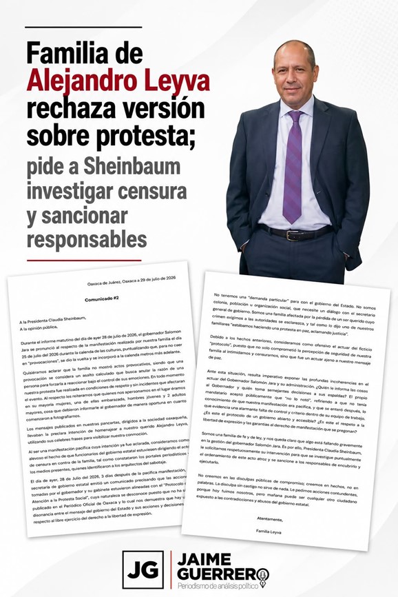 Familia de Alejandro Leyva rechaza versión sobre protesta; pide a Sheinbaum investigar censura y sancionar responsables
