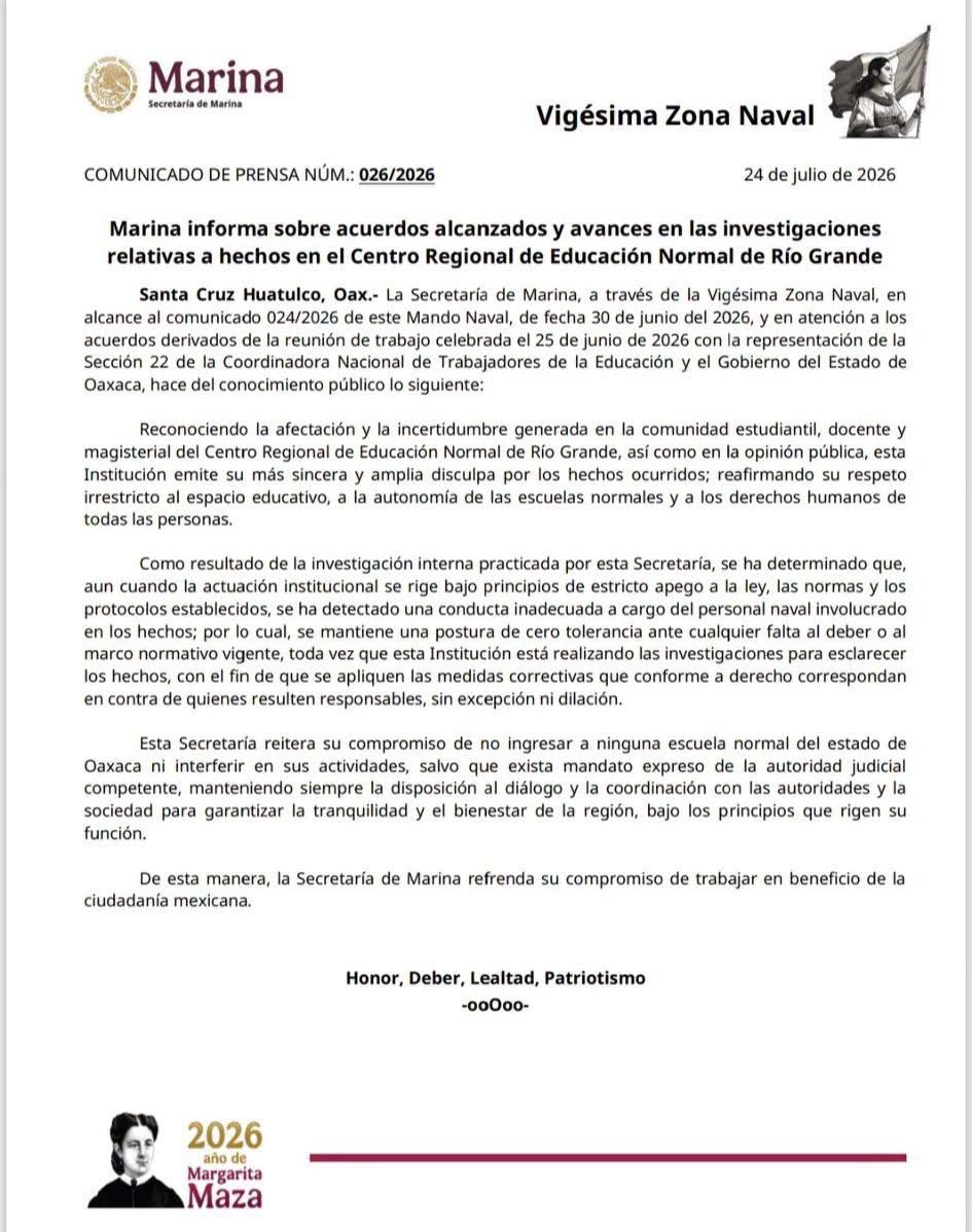 Comunicado 026/2026 de la Secretaría de Marina
