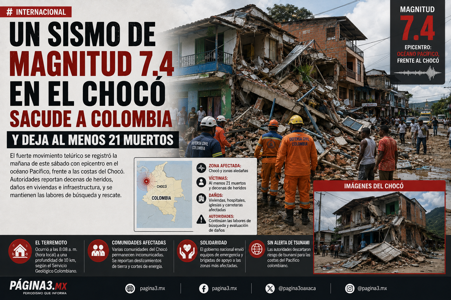 Un sismo de magnitud 7.4 en el Chocó sacude a Colombia y deja al menos 21 muertos