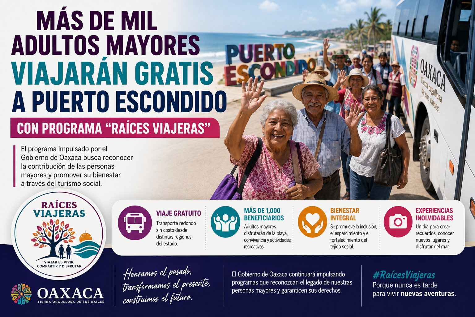 Más de mil adultos mayores viajarán gratis a Puerto Escondido con programa «Raíces Viajeras»