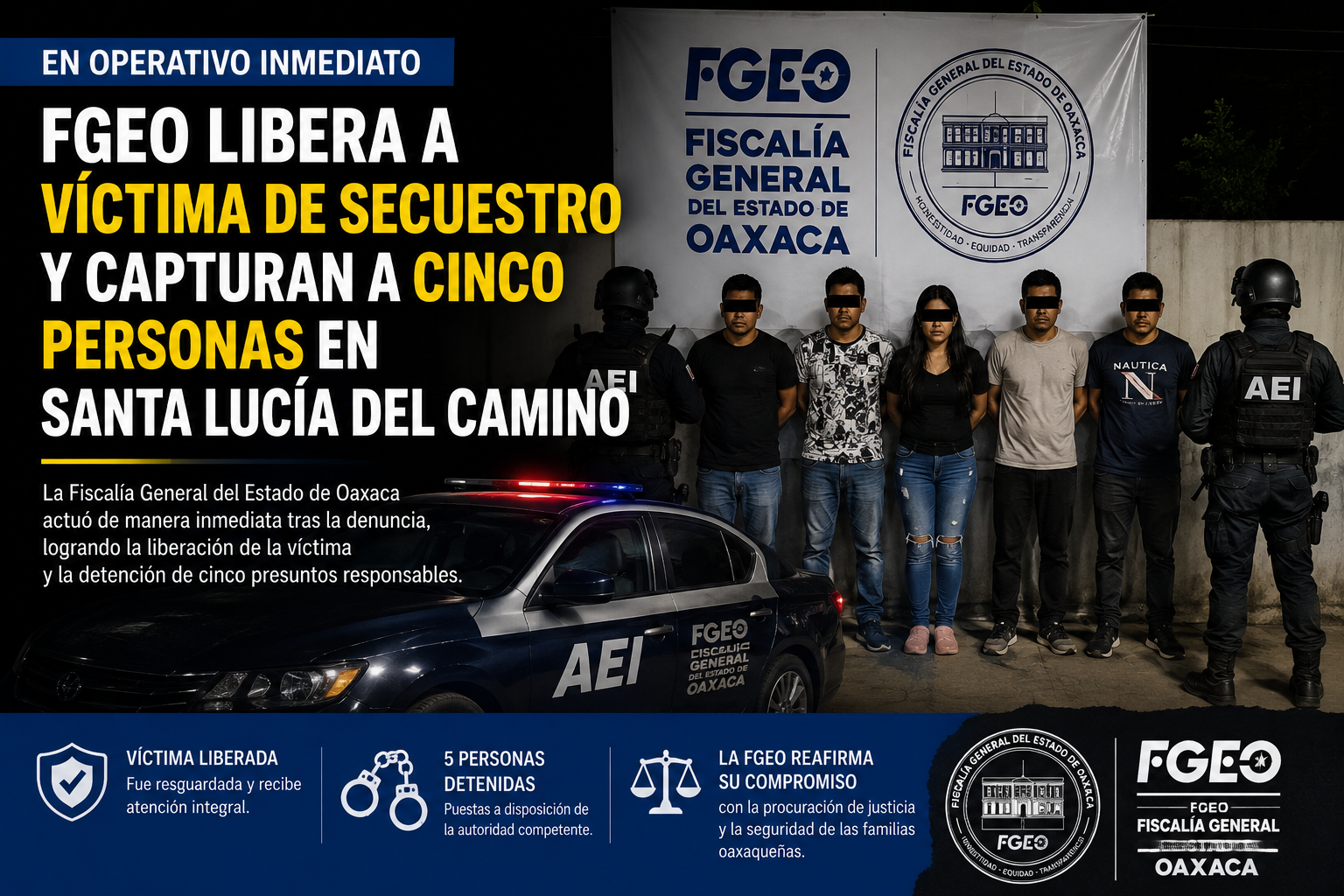 FGEO reporta rescate con vida de una persona y cinco detenciones en Santa Lucía del Camino
