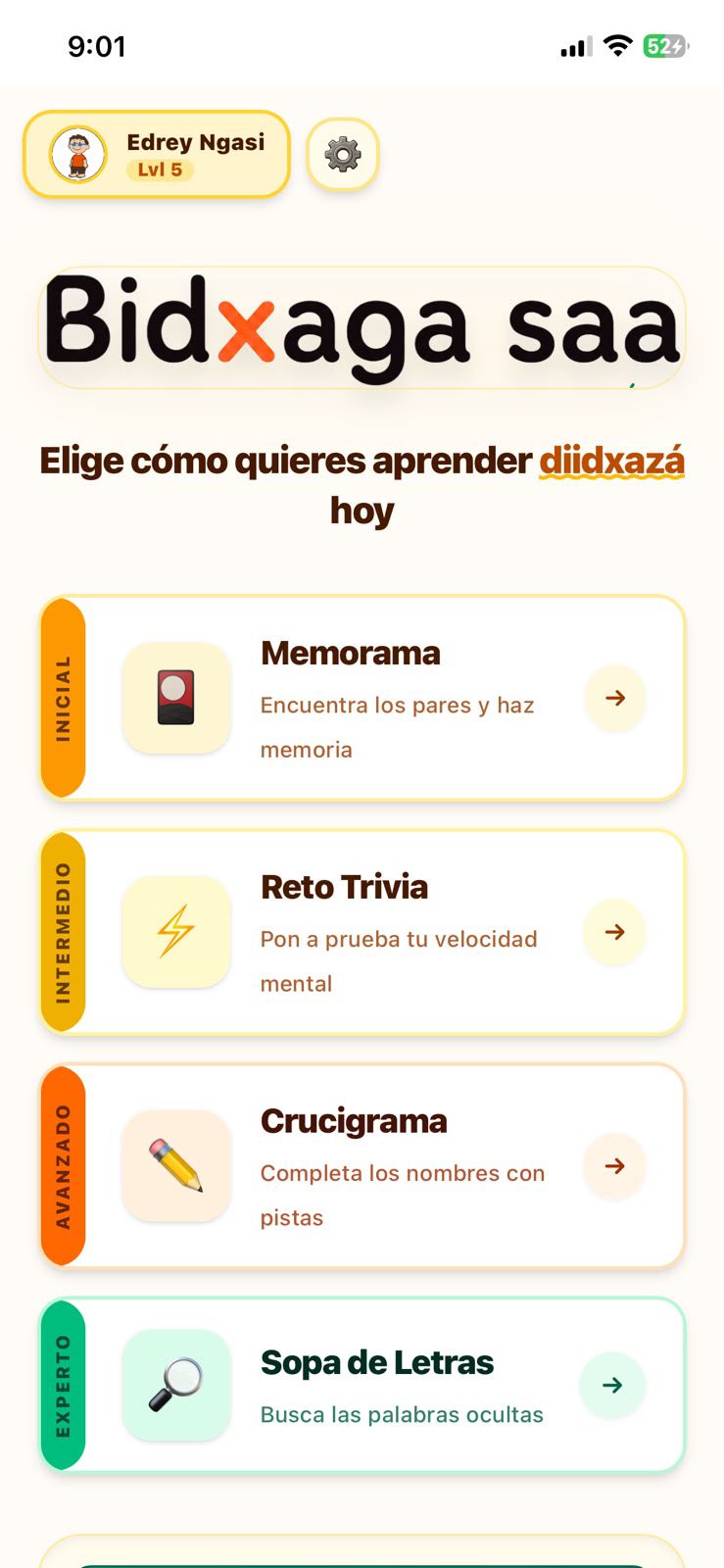 Menú de Bidxaga Saa con memorama, reto trivia, crucigrama y sopa de letras