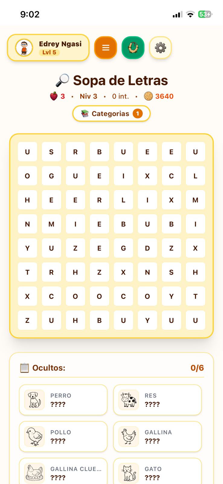 Pantalla de la sopa de letras en Bidxaga Saa con vocabulario de animales