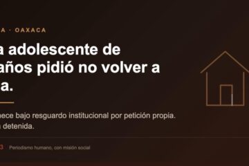 Tarjeta gráfica de Página 3 con el texto: una adolescente de 17 años pidió no volver a casa. Permanece bajo resguardo institucional por petición propia, no está detenida. Al costado, el trazo de una casa con el umbral abierto.