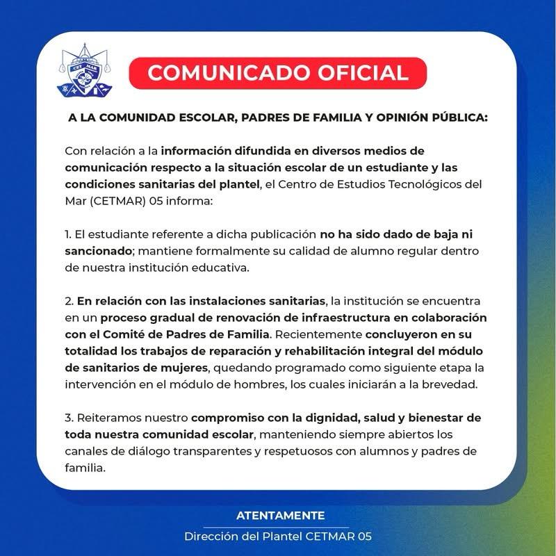 Imagen difundida sobre las condiciones de los sanitarios del CETMAR 05