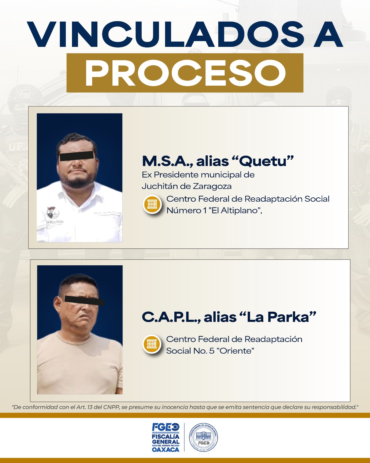 Infografía oficial de la FGEO: Miguel Sánchez Altamirano y Carlos Alberto de la Paz López, vinculados a proceso, con sus centros de reclusión