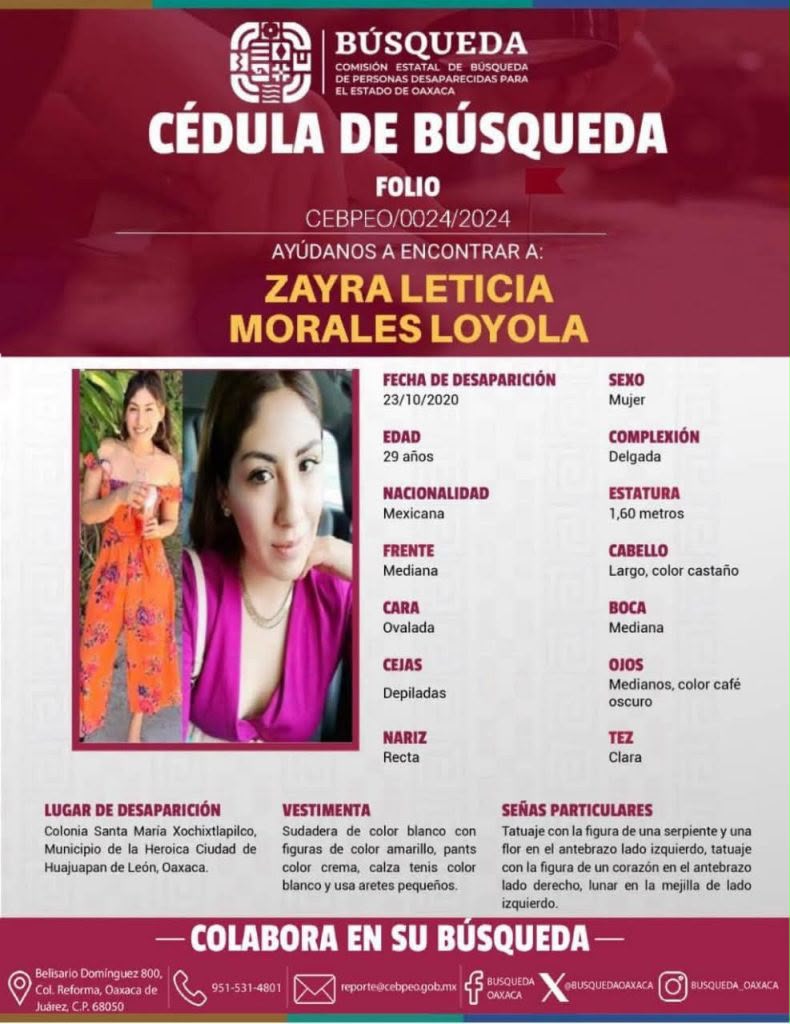 Cédula de búsqueda de Zayra Leticia Morales Loyola, con su fotografía, datos físicos y teléfonos de contacto