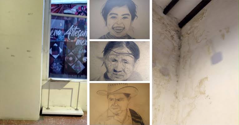 Collage con retratos, una base de exhibición vacía y humedad en una pared