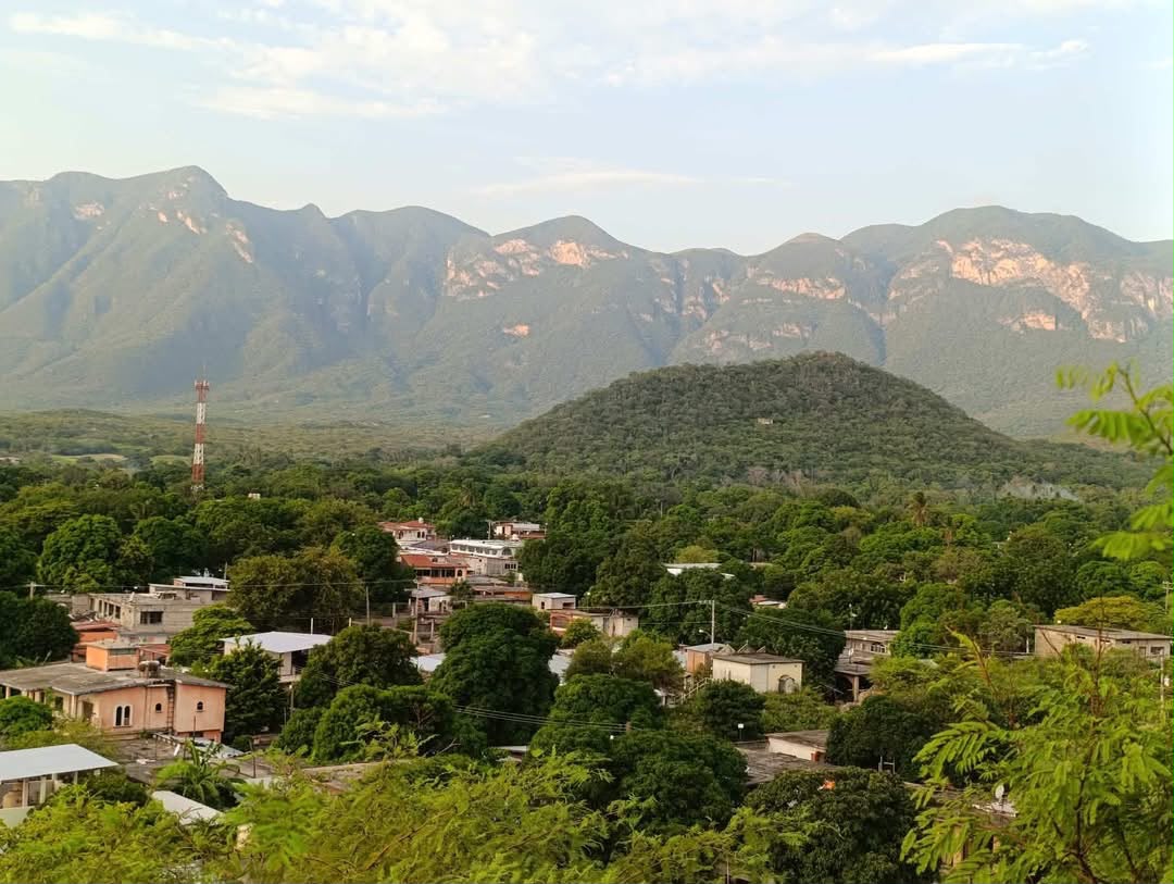 Vista de un poblado entre árboles, con cerros al fondo