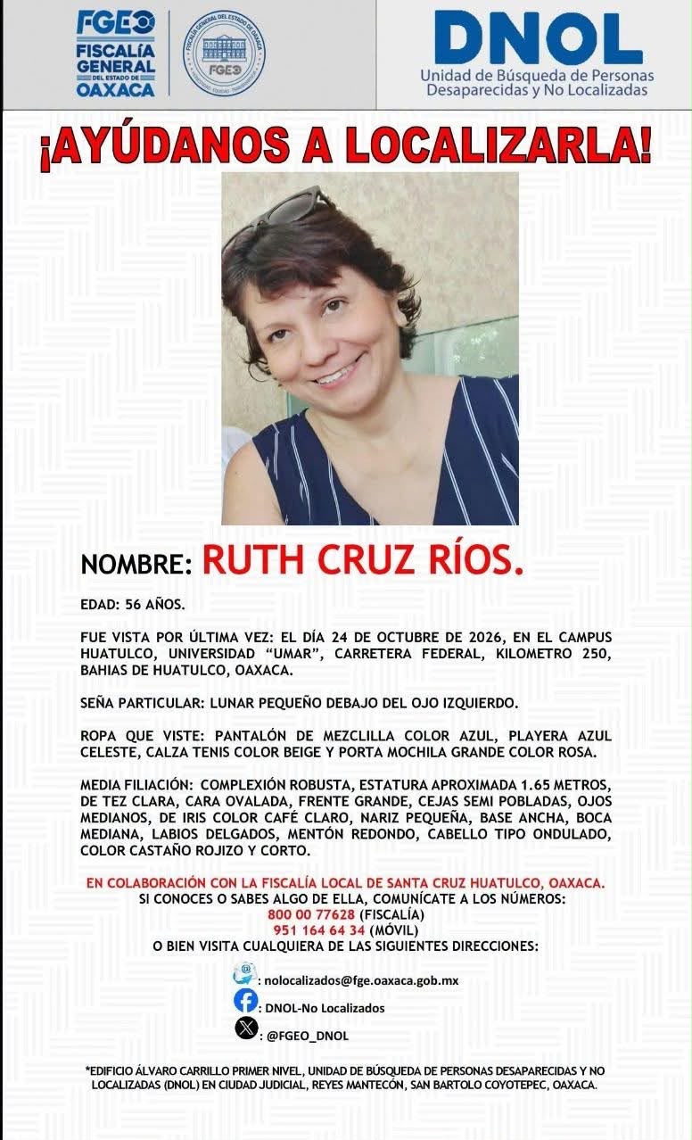 Ficha de búsqueda de Ruth Cruz Ríos, con su fotografía, publicada por la Fiscalía General del Estado de Oaxaca